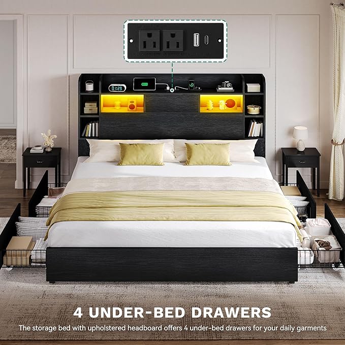 DWVO King Size Bed Frame with Bookcase Headboard and 4 Storage Drawers, RGB LED Bed Frame with Type-C & USB Charging Station Storage Headboard Beds, No Box Spring Needed, Noise Free, Black