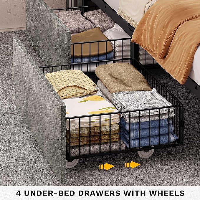 DWVO Queen Size Bed Frame with Bookcase Headboard and 4 Storage Drawers, RGB LED Bed Frame with Type-C & USB Charging Station Storage Headboard Bed, No Box Spring Needed, Noise Free, Grey