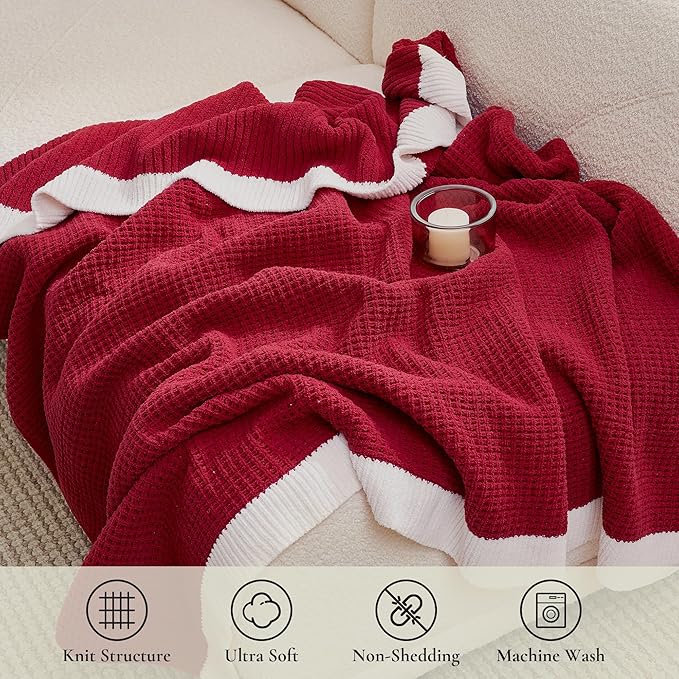 Amélie Home Chenille Waffle Throw Blanket for Couch, Soft Cozy Knit Blanket Warm Decorative Throw for Sofa, 50"x60", Christmas Red
