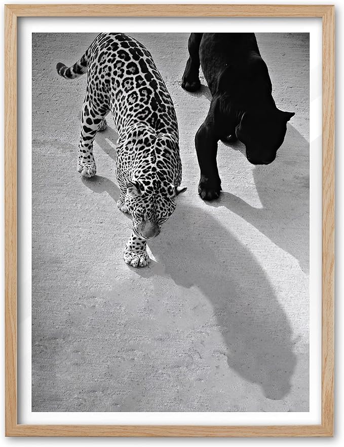EcoHest Cheetah and Jaguar Walking Framed Wall Art, 12x16 in OAK Wood Vintage Black and White Funny Bathroom Canvas Art, Fashion 1950s Poster Decor, Beige Logs Set of 1 for Bedroom Living Room