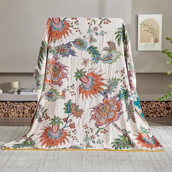 Bohemian Throw Blanket for Couch,90"x98" Large Boho Quilt Rustic Lightweight Fall Blankets for Bedroom,Living Room,100% Organic Cotton Reversible Throw Blanket for Christmas