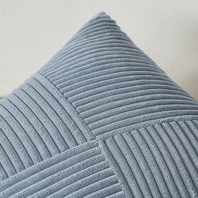 Topfinel 22x22 inches Dustyblue Euro Pillow Shams Set of 2 Corduroy Decorative Throw Pillow Covers for Bedroom Living Room, Windmill Textured Striped Patchwork Couch Pillow Covers 55x55 cm