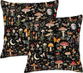 2 Pack Boho Mushroom Throw Pillows Covers 18x18 Inch, Black Witchy Pillow Cases for Couch Living Room Sofa Bedroom, Cute Mushroom Gifts for Witchy Lovers, Rustic Pillowcase Cushion Covers, Home Decor