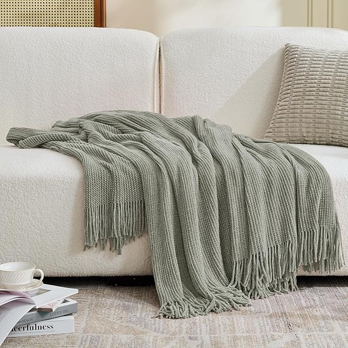 inhand Throw Blanket for Couch Bed,Chunky Chenille Woven Soft Blankets with Tassels, Cozy Boho Farmhouse Fall Winter Decor,Warm for Women,60"x80",Extra Thick-Light Grey