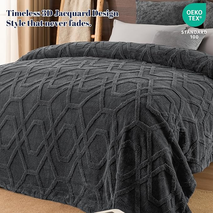 PHF Fluffy Sherpa Fleece Blanket King Size for Winter, Warm and Cozy, 510GSM 3D Tufted Shaggy Fleece Blanket for Sofa Bed, Dark Grey, 108"x90"