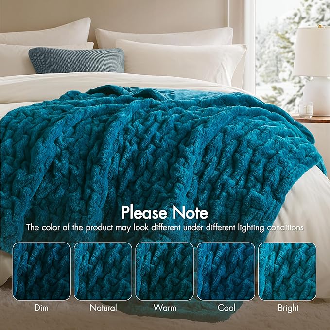 Madison Park Ruched Faux Fur Luxury Throw Teal 50*60 Premium Soft Cozy Brushed Long Faux Fur For Bed, Coach or Sofa
