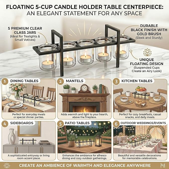 Seraphic 5-Cup Rustic Modern Floating Candle Holder Table Centerpiece Decoration for Dining Room, Kitchen, Patio, Weddings, Metal Iron with Glass Cups, 16" Long