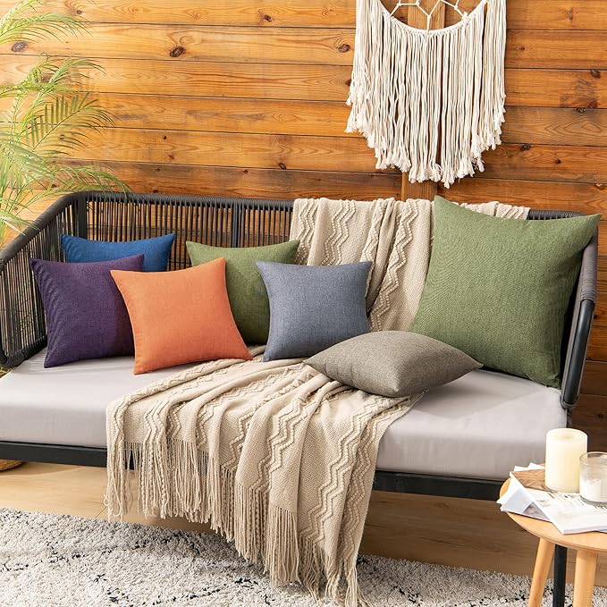 MIULEE Pack of 2 Decorative Outdoor Solid Waterproof Throw Pillow Covers Faux Linen Garden Farmhouse Cushion Cases for Patio Tent Balcony Couch Sofa 12x12 Inch Dark Green