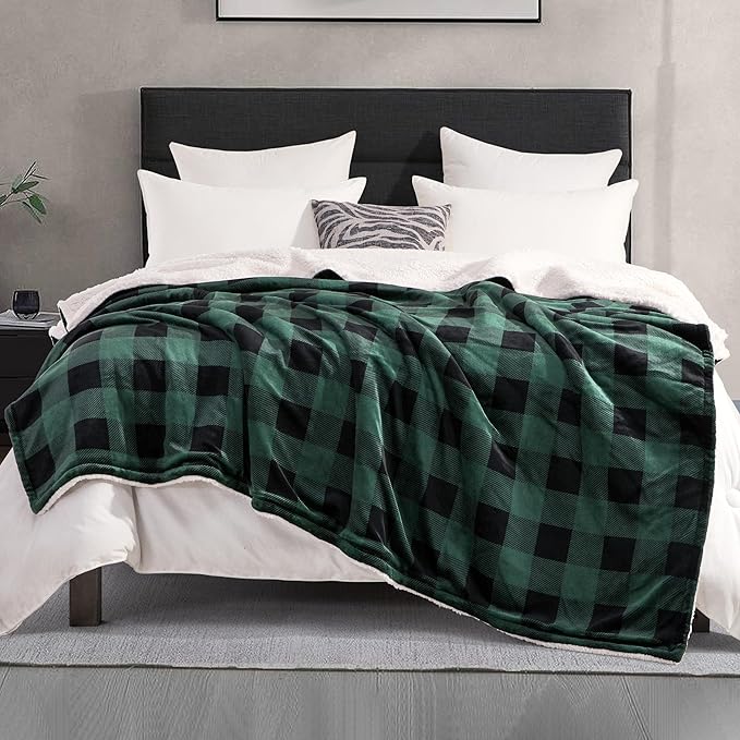 Elegant Comfort Ultra Soft Reversible Buffalo Plaid Flannel Sherpa Blanket - Cozy Silky Checkered Fleece Throw for Couch, Bed - Plush Fuzzy Warm Winter Blanket for Gift, Twin XL, Green