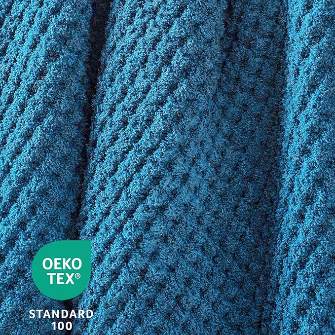 Waffle Knit Twin Blanket, Luxury Cozy Chunky Knit Twin Blanket for Couch, 60 x 80 Inch Thick Ultra-Soft Feather Yarn Knitted Blankets for Sofa, Bed, Home Decor - Blue