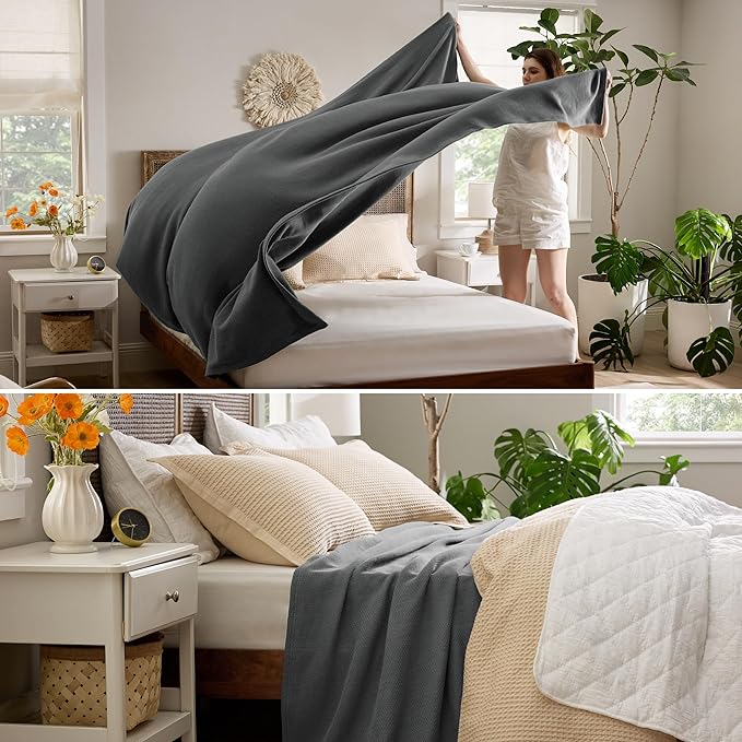 Bedsure GentleSoft 100% Cotton Blanket King Size for Bed - Breathable and Lightweight, Soft Cozy Textured Herringbone Woven Blanket for Summer, Dark Grey, 108x90 inches