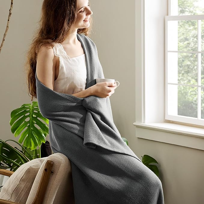 Bedsure GentleSoft 100% Cotton Blanket Twin XL Size for Bed - Breathable and Lightweight, Soft Cozy Textured Herringbone Woven Summer Blanket for College Dorm, Dark Grey, 66x90 inches
