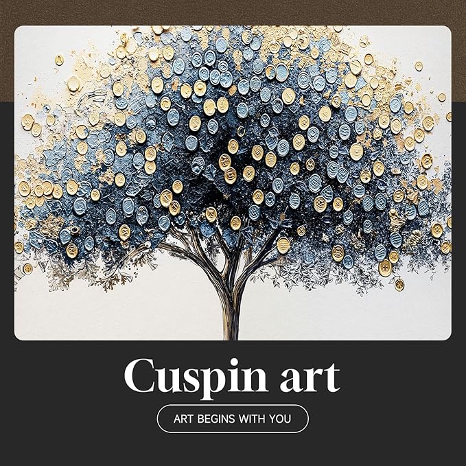 Framed Square Tree of Life Wall Art, Blue Gold Modern Money Tree Painting Prints, Minimalist Elegant Luxury Abstract Tree Artwork for Living Room Bedroom Kitchen Hallway Office Home Decor, 30x30 Inch