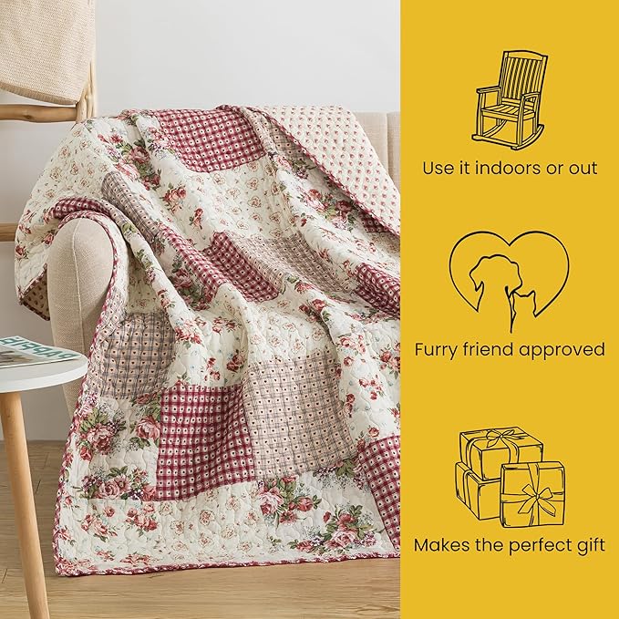 SLPR Cotton Quilted Throw Blanket, 50" x 60" Floral Farmhouse Patchwork Quilt, Shabby Chic Patchwork Throw Lap Quilt for Couch, Country Roses