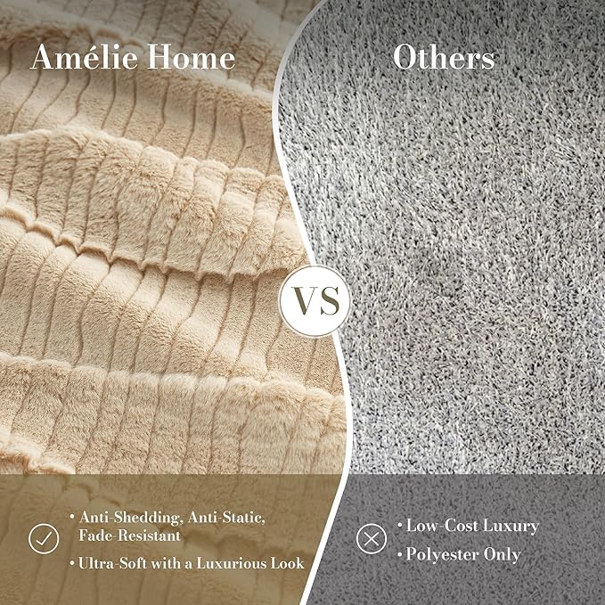 Amélie Home Luxury Striped Faux Fur Throw Blanket for Couch, Soft Cozy Fuzzy Fluffy Soft Plush Blankets Sofa Chair Gift Blankets for Women, 60"x80", Beige