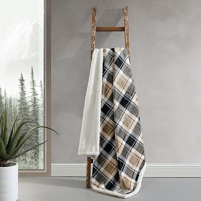 Eddie Bauer - Throw Blanket, Brushed Fleece & Plush Sherpa Bedding, Blanket for Couch & Bed (Rugged Plaid Beige, 50" x 60")