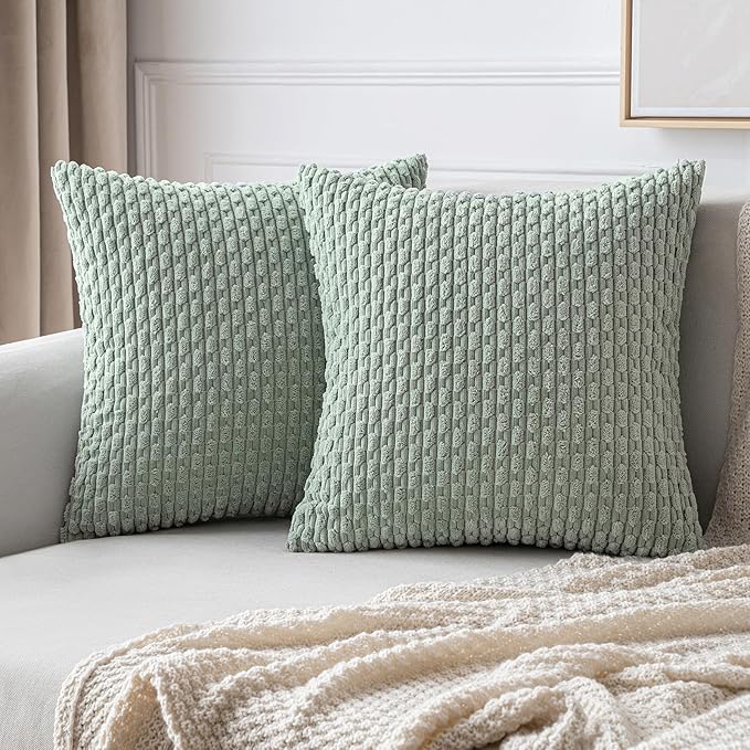 MIULEE Pack of 2 Decorative Throw Pillow Covers 18x18 Inch Soft Boho Striped Textured Corduroy Pillow Covers Modern Farmhouse Home Decor for Couch Bed Sofa Living Room Greyish Green