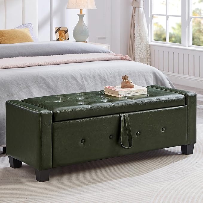 48" PU Leather Storage Ottoman Bench for Bedroom Bed End,Tufted Faux Leather Ottomans with Storage for Living Room,Bedside,Entryway,Modern Window Benches with Seating (PU Green, 48")