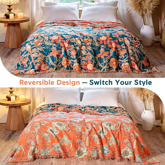Boho Throw Blanket 60"x80" 100% Cotton Twin Bird Blanket, Breathable Lightweight Spring Decorative Reversible Blankets with Fringe for Couch Vintage Decor