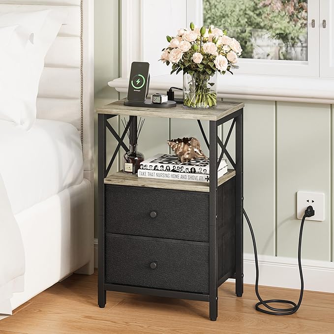 Nightstand Set of 2,Nightstands with Charging Station, Small Bedside Table with Storage, End Table with USB Ports & Outlets,with Fabric Drawers,for Couch, Bedroom(Natural Greige) LET105QK-2