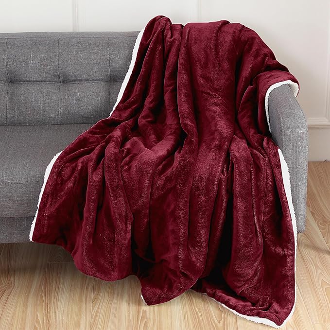 Elegant Comfort Luxury Ultra-Plush Velvet Touch Fleece Throw Soft, Warm, Cozy| Micromink Sherpa-Backing Reversible Blanket for Bed, Sofa and Couch, Solid Burgundy