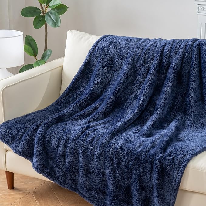 Berkshire Blanket Classic Extra-Fluffy™ Plush Throw Blanket, Soft Fuzzy Fluffy Long Hair Throw Blanket for Couch Sofa Bed, Atlantis Dark Blue, 50x60 Inches