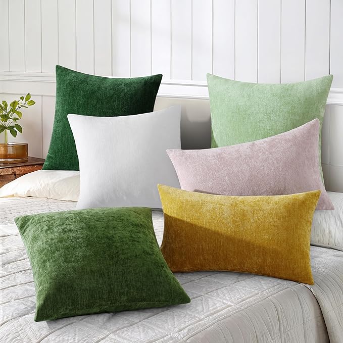 decorUhome Chenille Sage Green Summer Throw Pillow Covers 16x16 Inch Set of 2, Decorative Soft Couch Pillow Covers Solid Dyed Accent Farmhouse Neutral Square Pillow Cases for Sofa