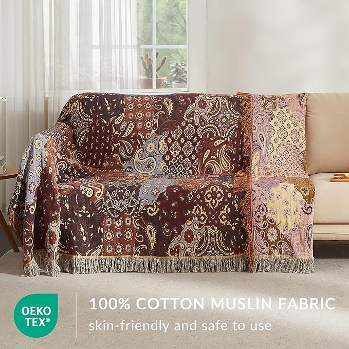 Boho Throw Blanket for Couch Sofa Bed, 100% Cotton Woven Quilt with Tassel 80”x90”, Super Soft Muslin Blanket with Patchwork Printed, Decorative Reversible Bed Blanket/Cover for All Seasons