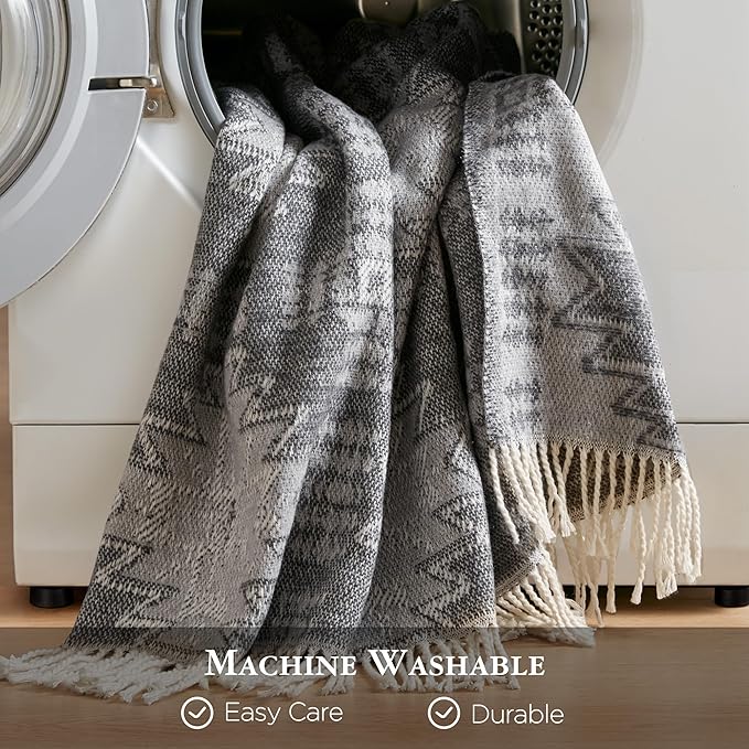 Woolrich Cotton Blend Jacquard Throw with Fringe Edge, Lightweight All-Season Decorative Throw Blanket, Machine Washable, Oeko-TEX Certified, Grey Aztec, 50"x60"