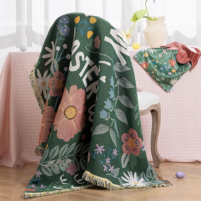 Ashler Easter Throw Blanket, Bed Tassel Blanket with Velvet Bag, Soft Breathable Blankets with Easter Flower and Letters Pattern for Couch Sofa Living Room Bedroom Decor, Deep Green, 50 x 60 Inches