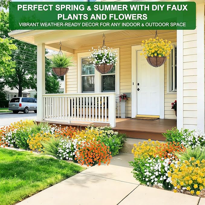 12 Bundles Artificial Flowers for Outdoors Spring Summer Decorations, UV Resistant Fake Mums Realistic Fake Plants Faux Plastic Flowers for Outdoor Indoor Home Gardens Porch Fall Decor(Orange Red)