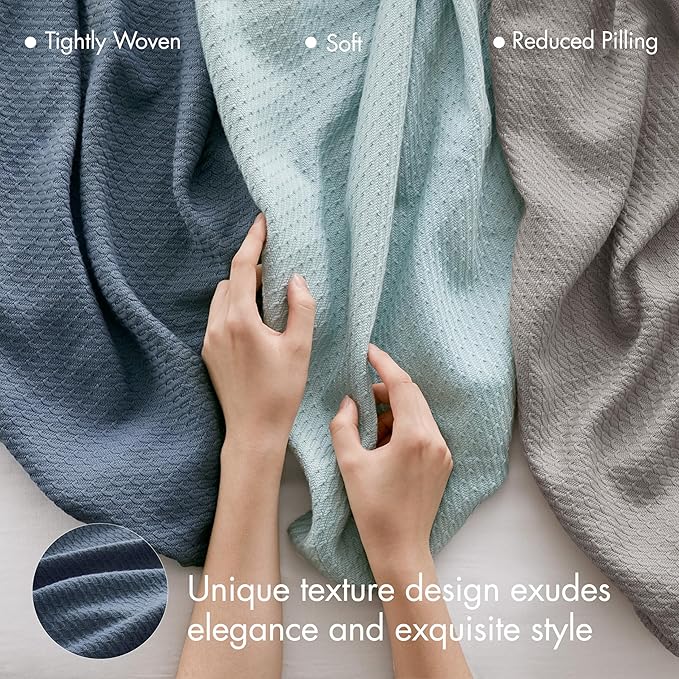 Madison Park 100% Egyptian Cotton Lightweight Summer Blanket, Breathable Waffle Knit Design, Soft Cozy All-Season Throw for Bed, Couch or Sofa, Blue Full/Queen Size (90"x90")