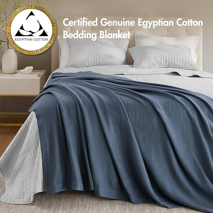 Madison Park 100% Egyptian Cotton Lightweight Summer Blanket, Breathable Waffle Knit Design, Soft Cozy All-Season Throw for Bed, Couch or Sofa, Blue Twin Size (66"x90")