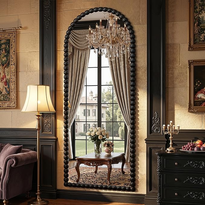 Antok 71" x 28" Arched Full Length Mirror, Antique Beaded Frame Floor Standing or Wall Mounted Mirror with Stand for Bedroom, Entryway, Black, Luxury Style