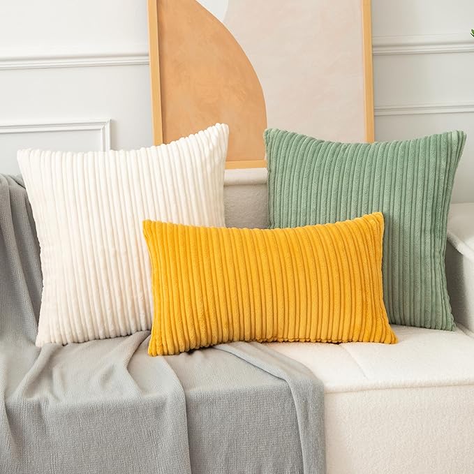 UGASA Velvet 12x20 Inch Lumbar Soft Throw Pillow Cover Farmhouse Decorative Corduroy Striped Both Sides Solid Rectangular Cushion Case for Couch Bedroom Sofa Home, 1 Piece, Sage Green