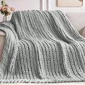 Chunky Knit Throw Blanket, 80''*90'' Knitted Throw Chenille Yarn for Bed Couch, Handmade Light Grey Crochet Big Thick Blanket, Machine Washable Cute Comfy Blanket for Home Decor