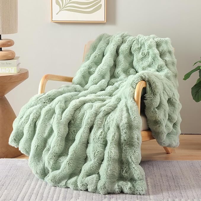 Smoofy Faux Fur Throw Blanket for Couch – Sage Fluffy Cozy Rabbit Fleece, Plush Soft Bubble Blanket for Sofa & Bed, for Mom, Warm Fuzzy Home Room Decor Throw 50" x 60"