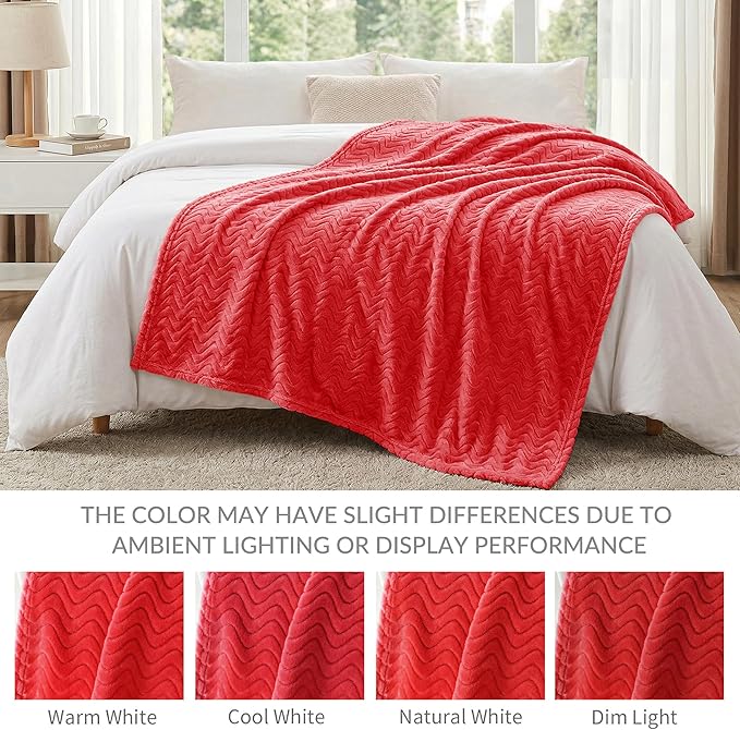 Exclusivo Mezcla Soft Fleece Throw Blanket for Couch, Cozy Lightweight Blankets with Decorative Wave Textured Suitable for All Season Use, Red, 50x70 Inches