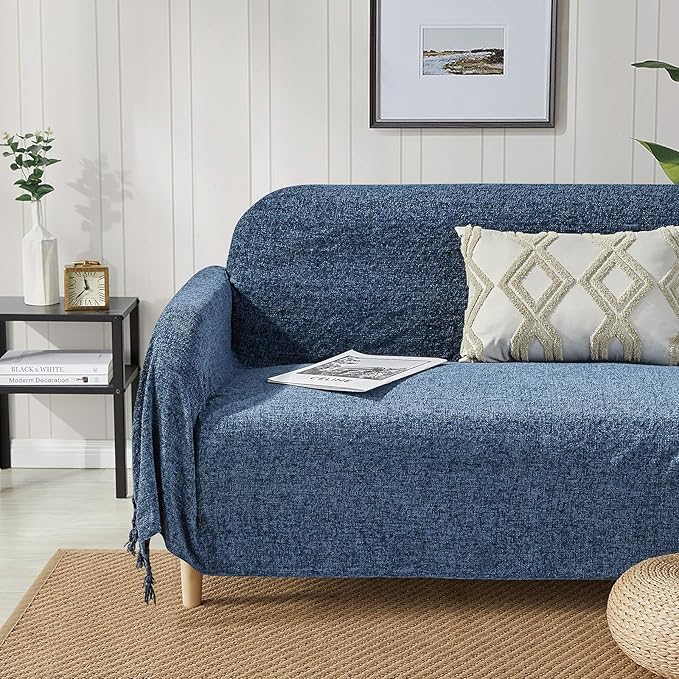 BOURINA Chenille Fluffy Throw Blanket with Decorative Fringe for Couch Cover Sofa Chair Blanket（50×60 Inches） Navy