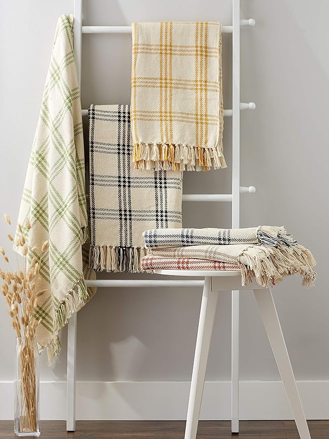 DII Modern Farmhouse Plaid Collection Cotton Fringe Throw Blanket, 50x60, White/Vintage Red