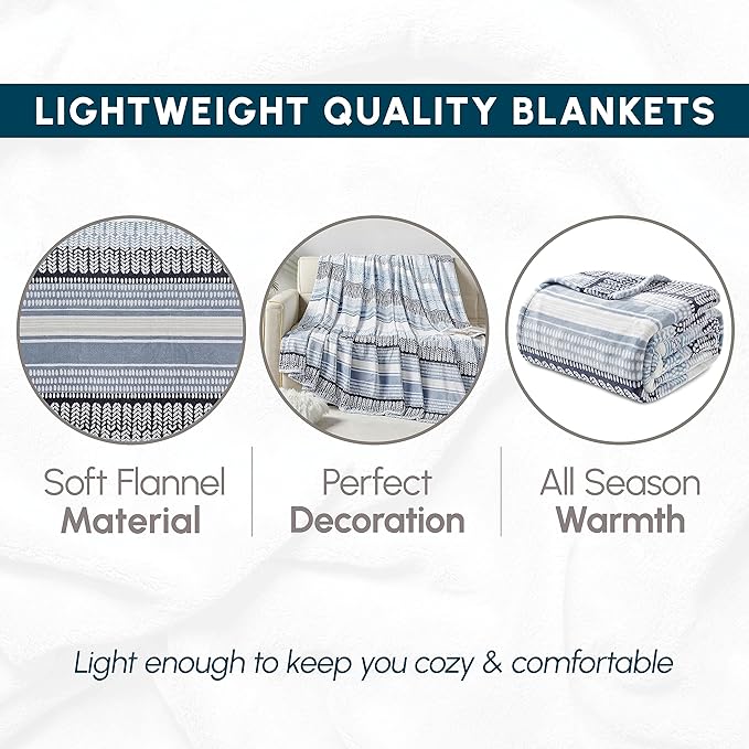 Elegant Comfort Ultra Soft Print Flannel Fleece Bed Blanket, Cozy-Fuzzy Lightweight Bedspread Coverlet, All Season Decorative Blanket for Couch, Sofa, Striped Design,Queen Size, Anissa