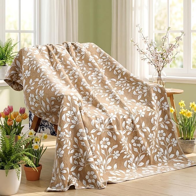 Floral Chenille Throw Blanket 50 x 60'' Farmhouse Vintage Boho Flower Blanket Soft Throw for Couch Bed Sofa Chair Living Room Outdoor Woven Decorative Home Gift(Brown)(Flower,Brown)