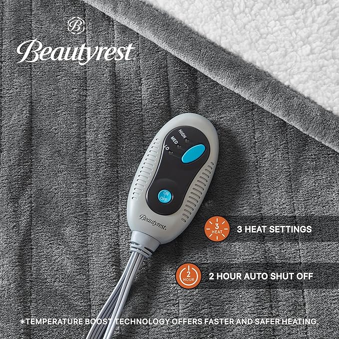 Beautyrest Heated Throw Blanket, Electric Throw, Soft, Warm, Reversible Plush - Sherpa, 3 Heat Settings, 2 hr Auto Shut Off, Machine Washable, 50 x 60 Grey