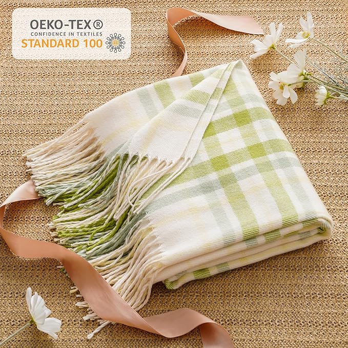 BATTILO HOME Spring Summer Plaid Throw Blanket for Couch Bed, Decorative White Green Stripe Blanket Throw Farmhouse Throw Blankets, Buffalo Checkered Plaid Blankets and Throws for Home Decor