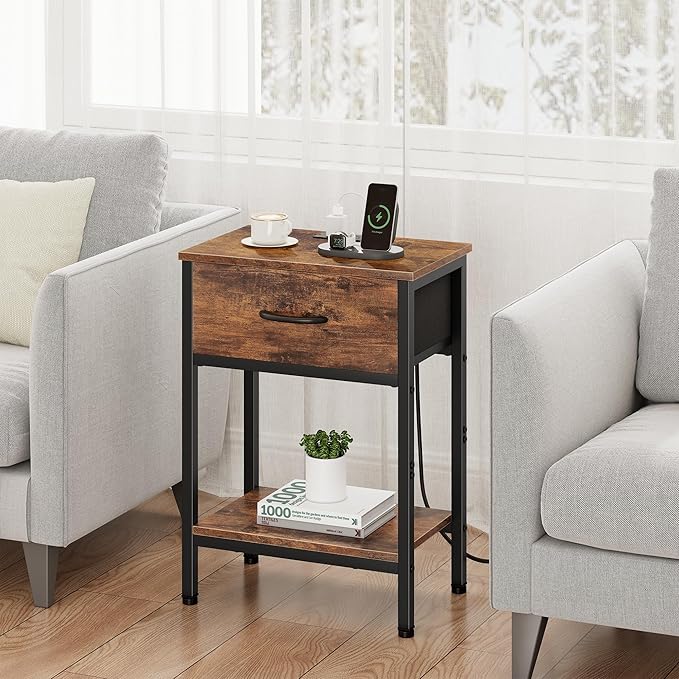 Vagusicc Nightstand Set of 2 with Charging Station, Bed Side Table with Fabric Drawer, Small End Table with 2-Tier Storage Shelves, 25.4" Tall Bedside Table, Night Stand for Bedroom Dorm, Rustic Brown