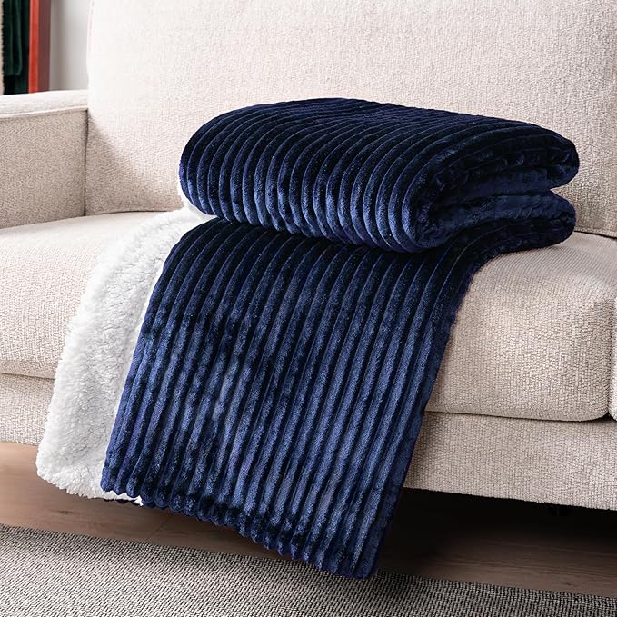 PAVILIA Navy Sherpa Fleece Throw Blanket for Couch Twin, Soft Plush Fuzzy Blankets, Fluffy Flannel Sherpa Blanket for Bed, Warm 3D Ribbed Winter Blanket Gift, 60x80 inches