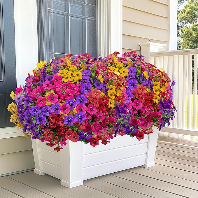 Artificial Flowers for Outdoors Fake Plants - 16 Bundles Faux Outside Greenery Boxwood UV Resistant Plastic Shrubs Decor (Mixed)