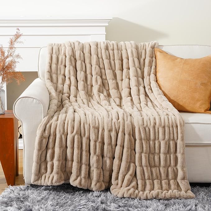 BATTILO HOME Beige Faux Fur Throw Blanket for Bed, Large Double Side Reversible Ruched Rabbit Fur Blanket for Couch, Living Room, Soft Warm Mink Cozy Blanket, 60x80 Inch