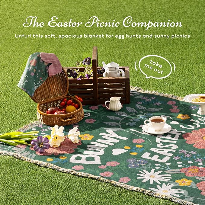 Ashler Easter Throw Blanket, Bed Tassel Blanket with Velvet Bag, Soft Breathable Blankets with Easter Flower and Letters Pattern for Couch Sofa Living Room Bedroom Decor, Deep Green, 50 x 60 Inches