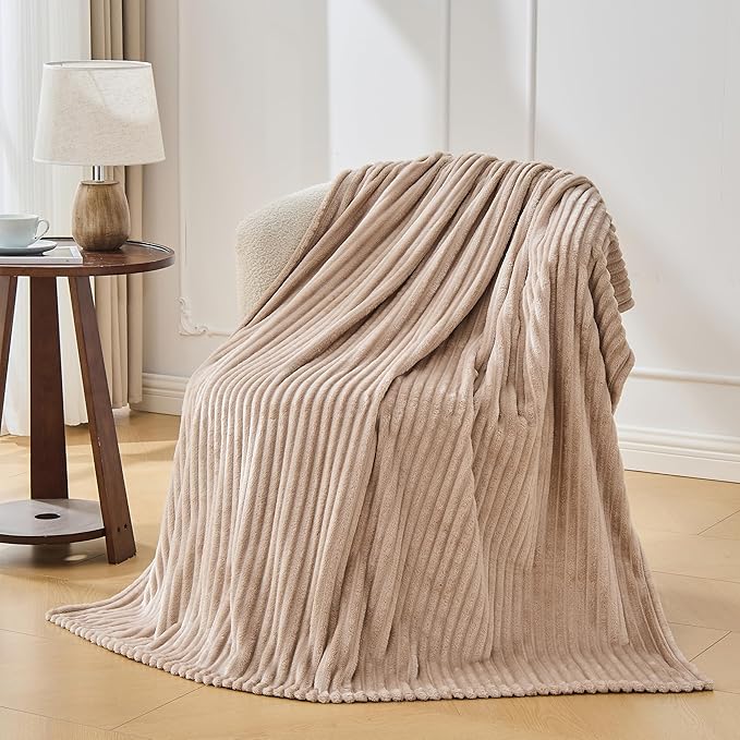 Bnuitland Fleece Throw Blanket, 300GSM Soft Warm Cozy Fluffy Throw for Babys & Pets, Stripe Pattern, All Season Sofa Bed Blanket for Home Decor, Light Camel 60"x80"